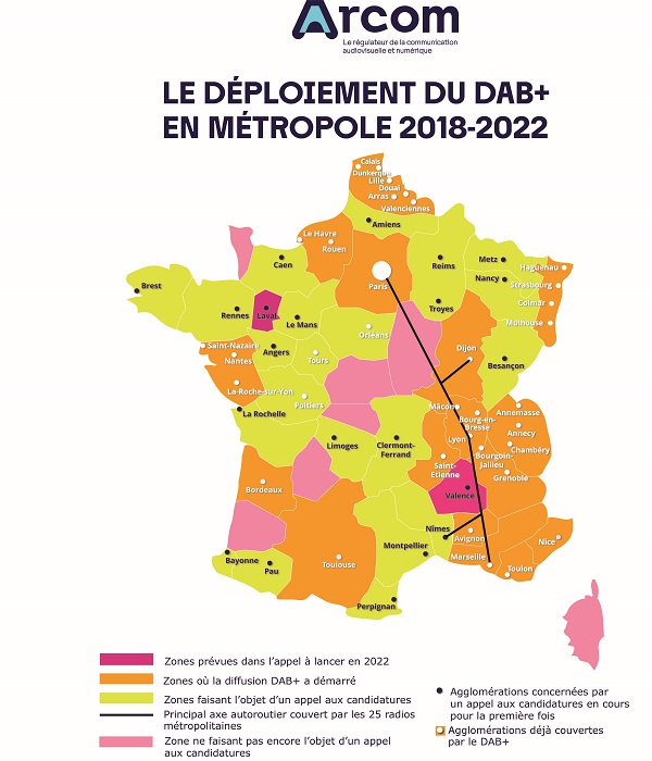Carte du déploiement du DAB+ en France.